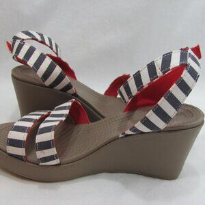 Crocs Women's Leigh Sandal Size 7 Ankle Strap Wedge Blue White Stripe Canvas